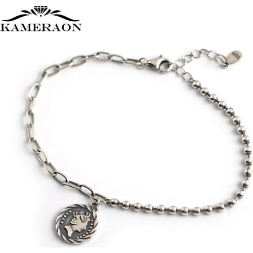 Genuine Retro 925 Silver Womens Bracelet Round Tag Beads and Chain Trendy Jewelry for Boys Girls Birthday Presents Korean