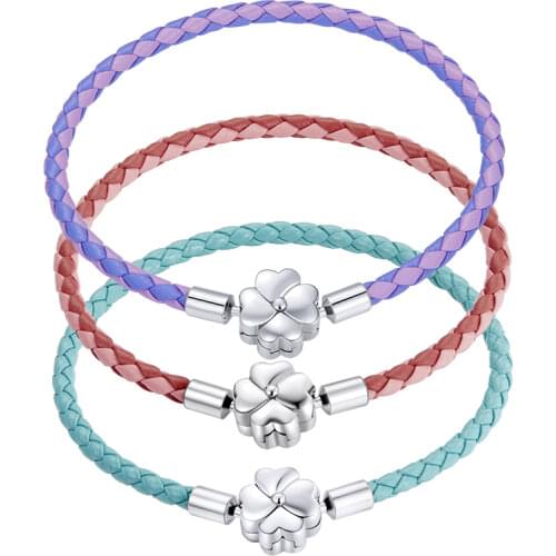 BAMOER 925 Sterling Silver Lucky Bracelet Purple Two Color Leather Bracelet Clover European for Women DIY Fine Jewelry SCB214