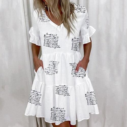Casual Ruffles Loose V-Neck Dress Women Summer Short Sleeve Floral Print Woman Dress Plus Size 2021 Fashion White Beach Dresses
