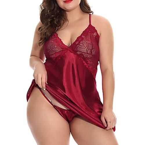 Women Sexy Plus Size Silk Satin sling dress mini dress Night Gown SleevelessNightdress Lace V-neck Nighties Sleepwear