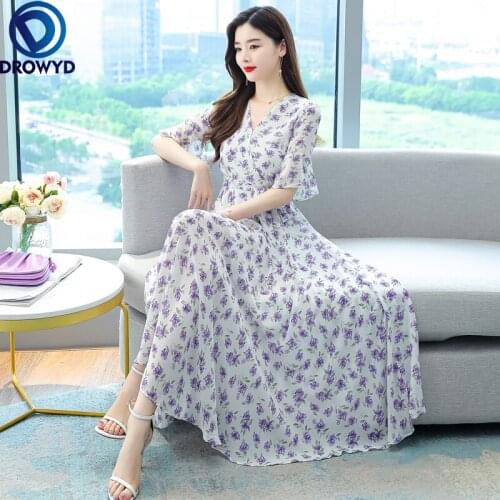 Summer Women Print Floral Chiffon Dress Ladies Casual Loose Party Vestidos Female Fashion Quatily Short Sleeve V-neck Dresses