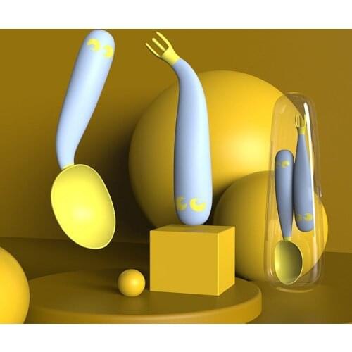 2 Pcs/Set Baby Twist Fork Spoon Suit Infant Training Spoon Curved Portable PP Tableware Sets Patchwork Color Anti-slip Utensils