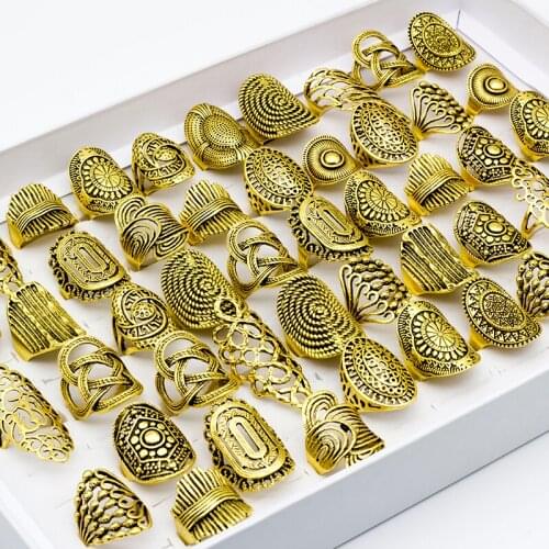 20 Pieces Mix Styles Vintage Carved Flower Rings Ancient Gold Color Hollow Rings Wholesale Party Gifts