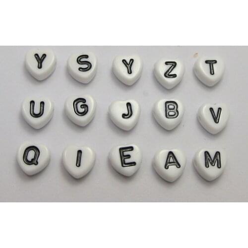 250 Assorted White Acrylic Alphabet Letter Heart Beads 7X7mm