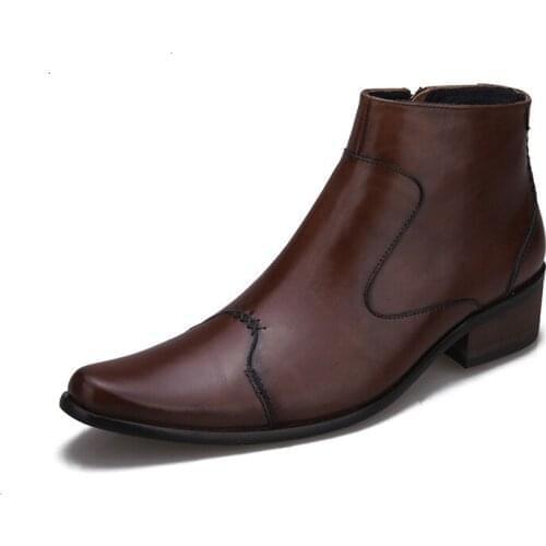 Handmade Men Formal Ankle Boots Genuine Leather Pointed Toe High Heels Side Zip Boots Fashion Wedding Party Dress Shoes 37-44