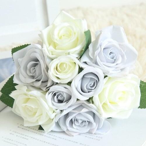 Rose Flower Bouquet Artificial for Decorations Wedding Party Decor Bridesmaid Bouquet 9 Heads Fake Silk Flower with Stem Leaves