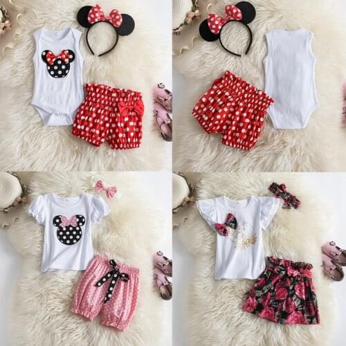 Baby Summer Romper + Dots Shorts Pants Cotton Kids Clothes Sets 3pcs Baby Girl Mouse Pattern Cartoon Clothes With Cute Headband