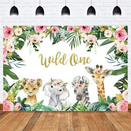 Animal Wild One Jungle Birthday Party Photo Background Newborn Baby Shower Banner Photography Backdrop Pink Flower Green Leaves
