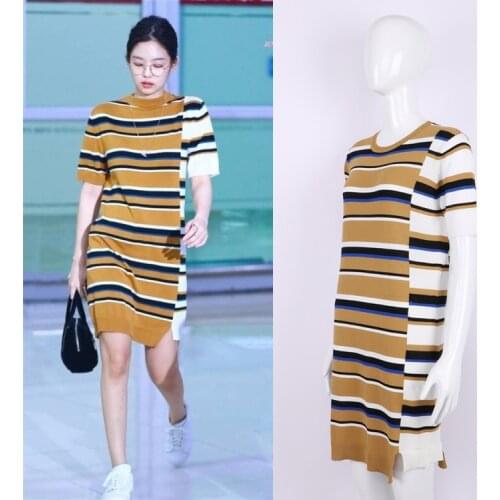Kpop Seo Yea Ji IU Lee Ji Eun New Splice Striped Dress Women Bodycon Dress Summer Fashion Streetwear Round Neck Knit Dresses