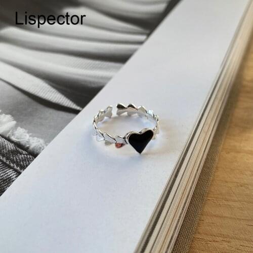Lispector 925 Sterling Silver French Retro Black Love Heart Rings for Women Vintage Spades Open Ring Unisex Jewelry Couple Gifts