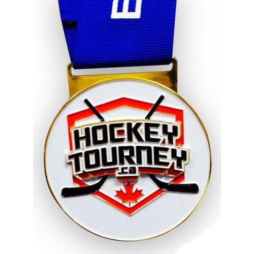 Hockey tourney medals cheap custom sports medals with blue ribbons high quality canada hockey sport medals