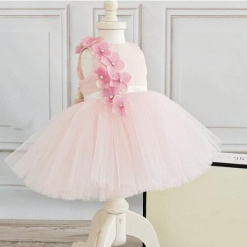 Cute Tutu Pink Birthday Party Gowns Tulle Handmade Flowers Knee Length Flower Girl Dress Toddler Clothes