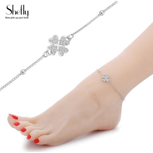 Fashion Clover Charms Anklets For Female CZ Crystal Butterfly & Circles Copper Ankle Silver Color Beach Women Foot Jewelry