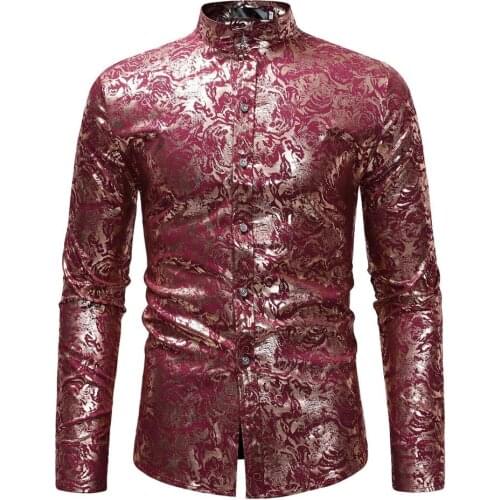 Mens Hipster Stand Collar Gold Bronzing Dress Shirt Slim Fit Long Sleeve Chemise Homme Wedding Business Social Shirt For Men