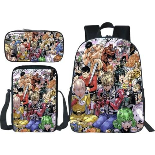 Anime One Punch Man Backpack Large Capacity Bookbag Saitama Sensei Knapsack Three-piece Pencil Case Shoulder Bag Boy Girl Bag