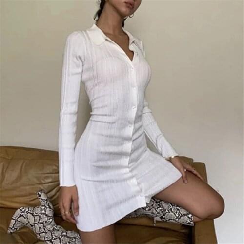 Autumn knitted dress Women long sleeve slim button up mini shirt dress White green black purple blue khaki viscose dress 2020