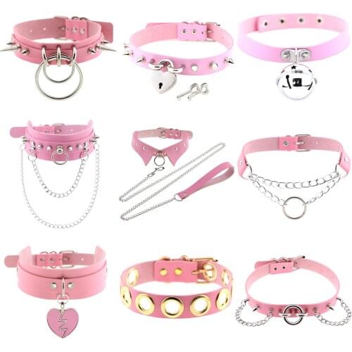 2021 Punk Pink color PU Leather choker necklaces Spike Rivet Collar Studded sexy collar Body gothic Party chains Cosplay Jewelry
