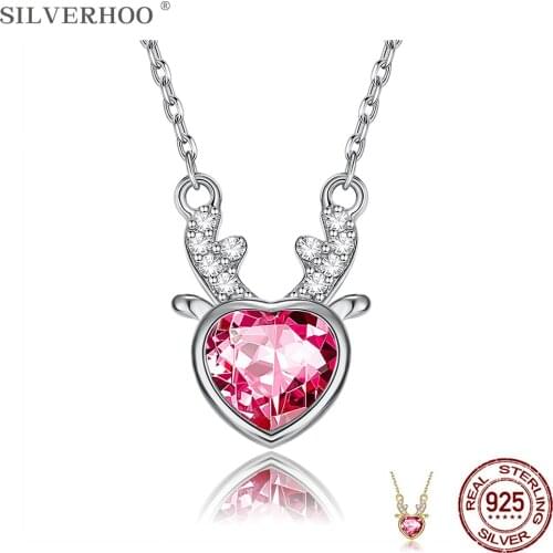 SILVERHOO 925 Sterling Silver Pendant Necklace For Women Zircon set of deer hearts Necklaces Party Fine Jewelry The New Listing