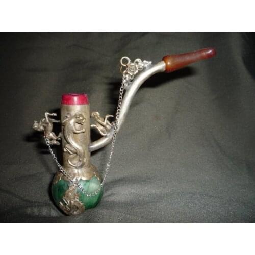 Rare Qing Dynasty silver&jade pipe,1842,free shipping