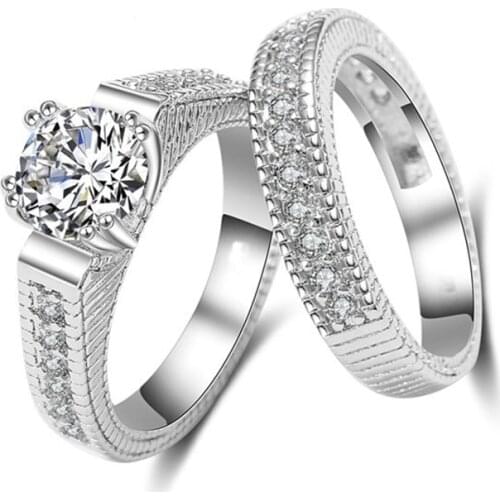 Luxury 2 Rounds Wedding Engagement Rings Set For Women Silver color Fashion AAA+ Zirconia Jewelry Chirstmas Gift R606