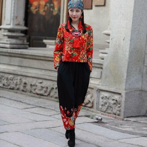 Womens Autumn national wind retro printing V-neck shirt + waist black feet pants casual two-piece suit female womens suits