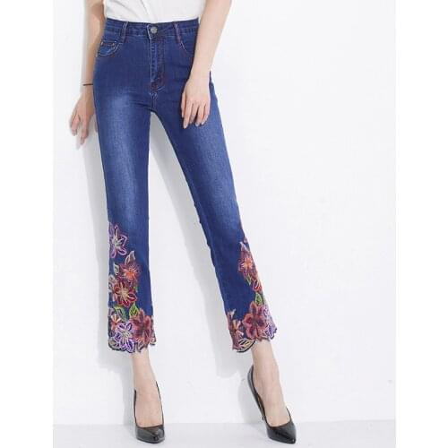 FERZIGE New Luxury Embroidery Pants Women Fashions Skinny Jeans High Waist Pants Female Blue Casual Slim Fit Pants Plus Size