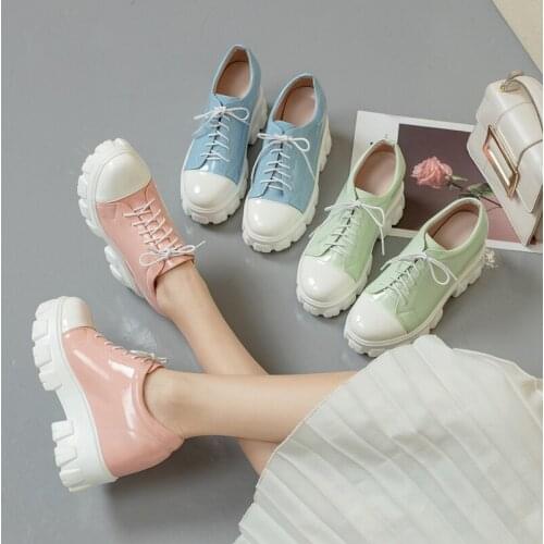 Women shoes 2021 patent leather platform Lace-Up shoes for women black white big size 33-43