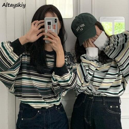 Hoodies Women Striped All-match Teens Causal Loose Spring Long Sleeve Vintage Trendy Korean Style Ladies O-neck Students Popular