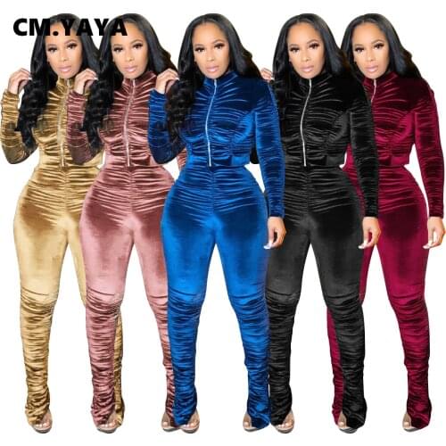 CM.YAYA Active Velvet Stacked Sweatsuit Womens Set Zipper Jacket Pants Suit Streetwear Tracksuit Two Piece Set Fitness Outfit