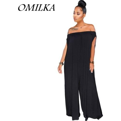 OMILKA 2019 Summer Women Off Shoulder Loose Rompers and Jumpsuits Casual Black White Slash Neck Club Party Plus Size Overalls
