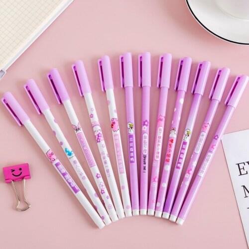 12 Pcs Gel Pens Purple Creative Pretty Girl Popular Language Black Ink Writing Tools Student School Office Stationery Wholesale