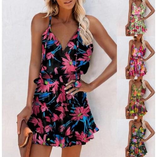 2021 Summer Women Dress Elegant Floral Print Deep V-Neck Mini Dresses A-Line Plus Size Sling Dress Beach Wear
