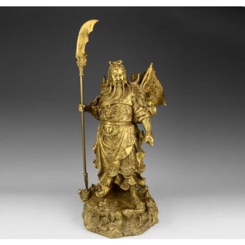 Free shipping 22 Chinese Brass Copper Guan Gong Guan Yu Buddha 5 Flag Hold Dragon Sword Statue