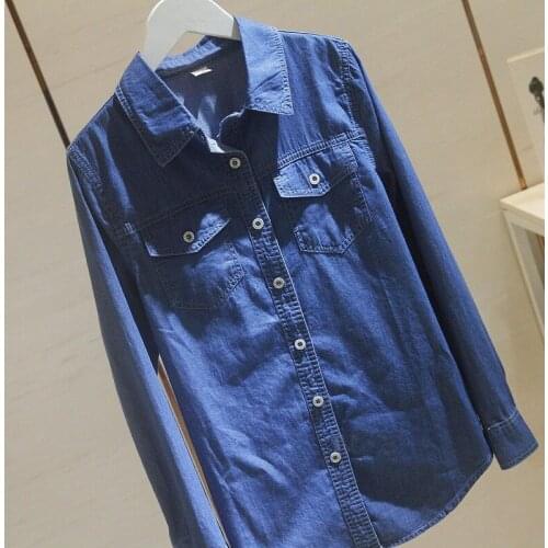 Denim Casual Blue Blouse Spring Autumn Korea Fashion Women Long Sleeve Turn-Down Collar Shirts Double Pocket Cotton