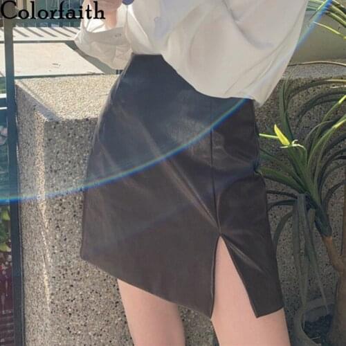 Colorfaith 2021 Women Leather Skirt Summer Autumn A-Line High Waist Eelegant Split Package Hip Sexy Wild Lady Mini Skirts SK6551