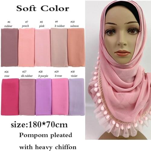 Trendy Heavy Chiffon With Stitch Pleated Pom poms Solider Shawls Headband Muslim Hijabs Scarves/Scarf Soft Color