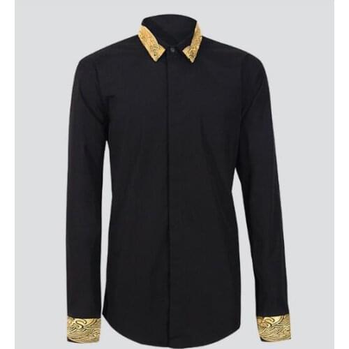 New Arrived 2020 mens Gold collar sleeves embroidered work shirts Brand soft Long sleeve regular men dress shirts black male top