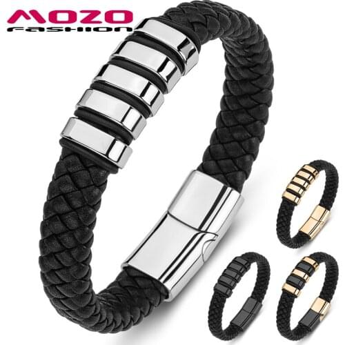 Men Bracelet Braided Genuine Leather Stainless Steel Punk Bangle Casual Women Collocation Jewelry