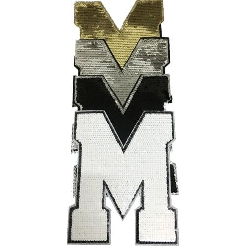 Fashion Letters Iron on Patches for Clothing Large M Logo Sequins DIY Women Embroidery Patch Ammplique Stickers Free Shipping