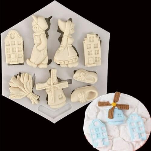 New England Wind Series Pastoral Windmill Little Boy Girl Fondant Silicone Mold Cup Cake Decorating Mould Doll Mould
