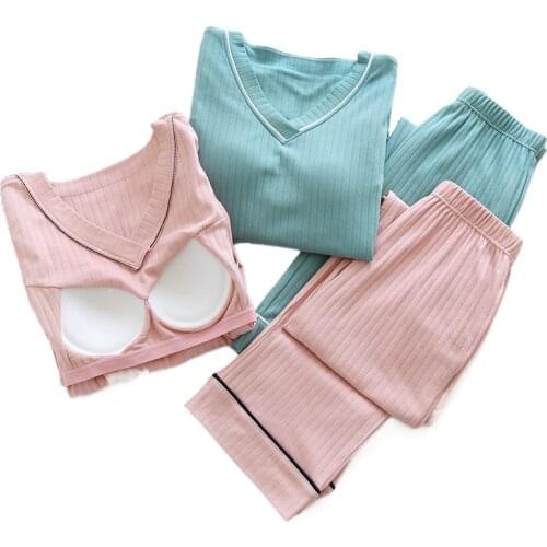 New Home Suits for Women Cups One-piece Loose-fitting Long-sleeved Trousers Cotton Pajamas Womens Two-piece Suit Pizama Damska