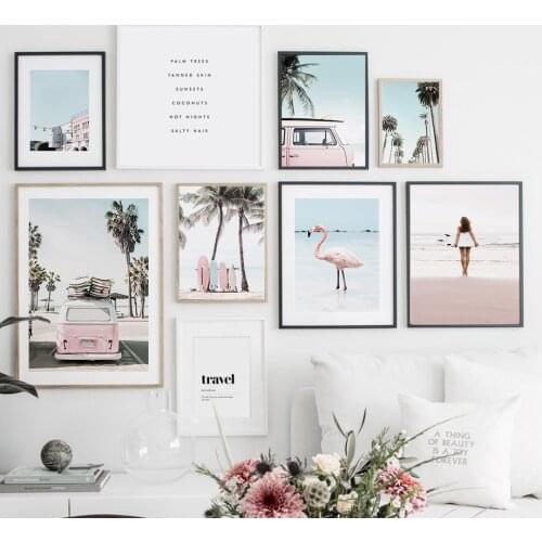 Beach Palm Tree Bus Surfboard Flamingo Wall Art Canvas Painting Nordic Posters And Prints Wall Pictures For Living Room Decor