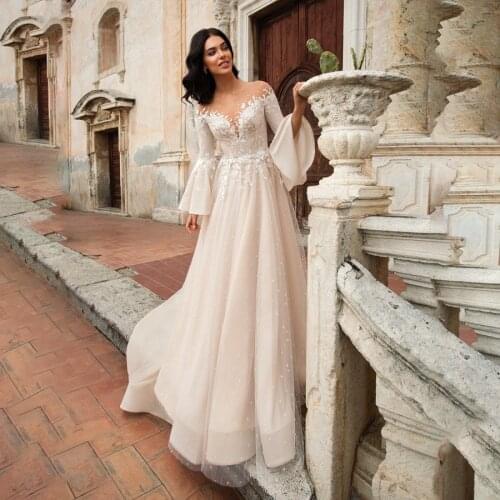 Sheer Open Neckline with Bell Long Sleeves Nude Wedding Dress with Pearls Crystals Bridal Gowns vestido de noiva sereia