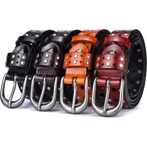 New womens leather belt, needle buckle, cowhide belt, hollow willow nail decoration and versatile trouser belt