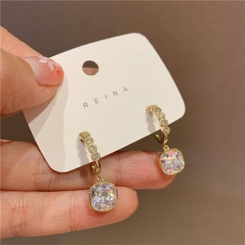 Korea New Fashion Jewelry Exquisite 14K Real Gold Plating Simple Square Zircon Pendant Earrings Elegant Womens Wedding earring