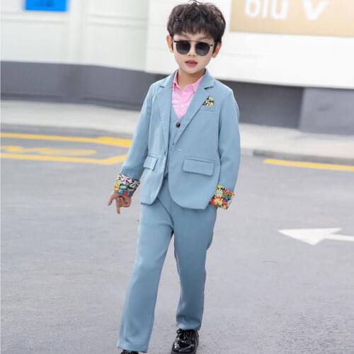 Flower Boys Light Blue Wedding Suit Kids Prom Party Tuxedo Dress Childrens Day Pinao Performance Costume school uniform