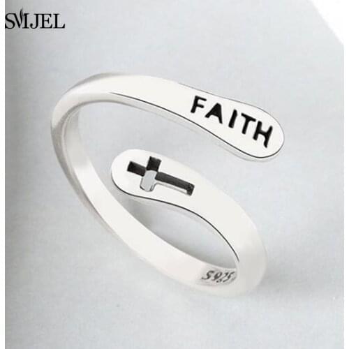 Women Vintage Faith Cross Letters Round Engagement Rings Silver Color Anillos Mujer Trendy Cuff Rings Believer Jewelry Gifts