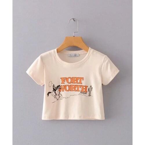 Women Horse Riding Print Crop Tee Cotton Short Sleeve Crop T-shirt
