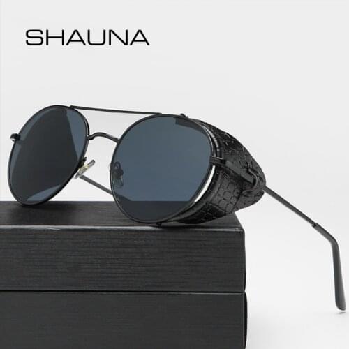 SHAUNA Fashion Round Steampunk Sunglasses Women Retro PU Leather Men Shades UV400