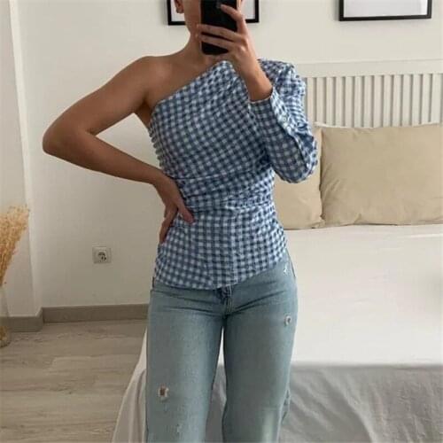 Za 2021 Blue Plaid asymmetric top womens Ruffle long sleeve summer chic 2-color shirt back contrast button street style